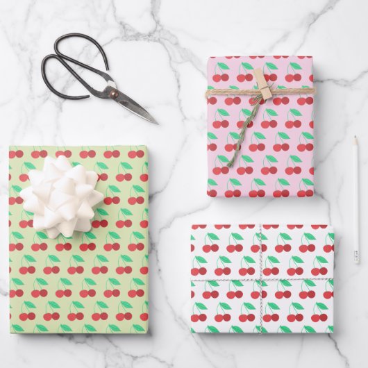 Feuille De Papier Cadeau Cerises gaies Fruity Fun Rouge Vert Rose (Recto)