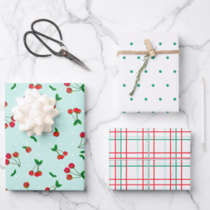 Feuille De Papier Cadeau Cerises, points et plaids agités