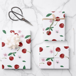 Feuille De Papier Cadeau Cerises Rouges Botaniques Feuillage & Fleurs