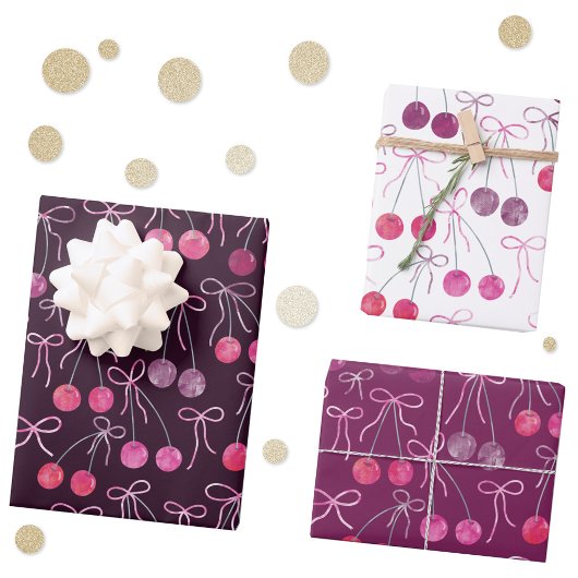 Feuille De Papier Cadeau Cerises Rubans et Bows Motif d'aquarelle