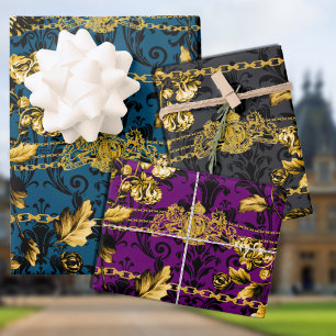Feuille De Papier Cadeau Chaînes en or Acanthus Noir & Or Posh de luxe