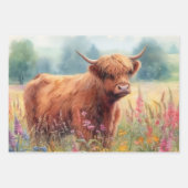 Feuille De Papier Cadeau Champ de Fleur sauvage d'aquarelle de vache Highla (Devant 3)