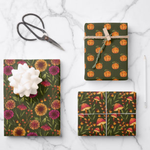 Feuille De Papier Cadeau Champignons, Citrouilles et tournesols sur Dark Gr