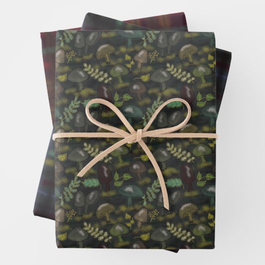 Feuille De Papier Cadeau Champignons Moody Bourgogne et Plaid vert (En situation)