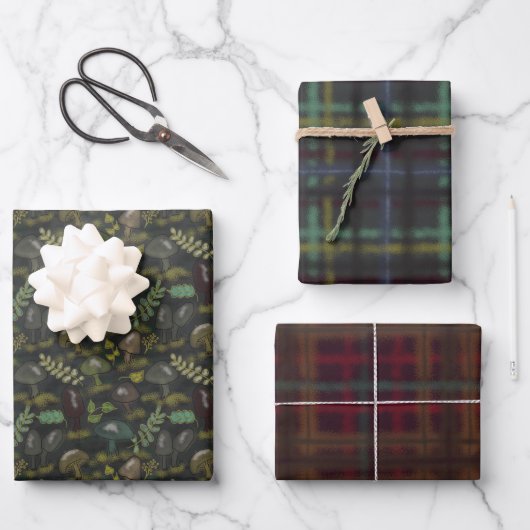 Feuille De Papier Cadeau Champignons Moody Bourgogne et Plaid vert (Recto)