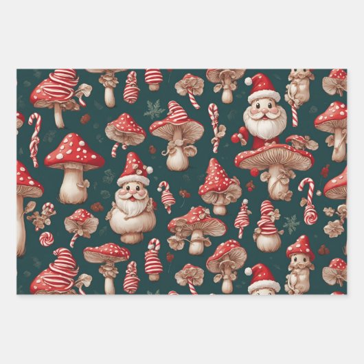 Feuille De Papier Cadeau Champignons Noël Père Noël (Devant)