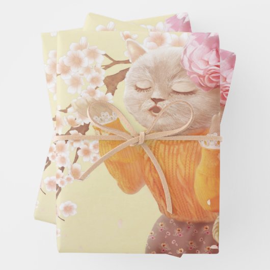 Feuille De Papier Cadeau Chanter Chat avec panier à fleurs (En situation)