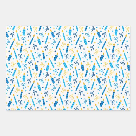 Feuille De Papier Cadeau Chanukah bougies brûlant blanc bleu or (Devant 2)
