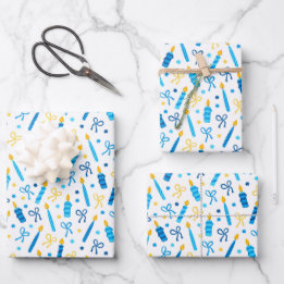 Feuille De Papier Cadeau Chanukah bougies brûlant blanc bleu or
