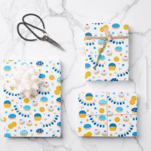 Feuille De Papier Cadeau Chanukah Dreidels Doughnut Gold Blue White (Recto)