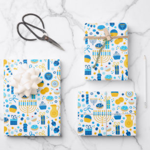 Feuille De Papier Cadeau Chanukah Party Blue or blanc Menorah Gelt Cookie