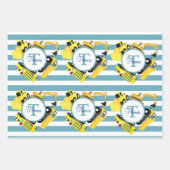 Feuille De Papier Cadeau Chariots de construction Bleu rayures Monogramme (Devant 3)