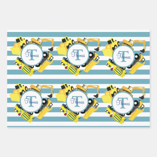 Feuille De Papier Cadeau Chariots de construction Bleu rayures Monogramme (Devant)