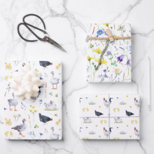 Feuille De Papier Cadeau Charmant corps de ferme rustique poulets floral