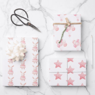 Feuille De Papier Cadeau Charmant Lapin Rose, Ballons, Étoiles