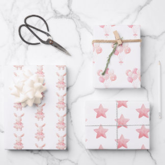 Feuille De Papier Cadeau Charmant Lapin Rose, Ballons, Étoiles