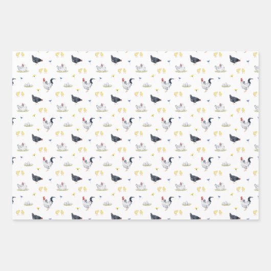 Feuille De Papier Cadeau Charme Rustique Agricole Poulets Floral (Devant 3)