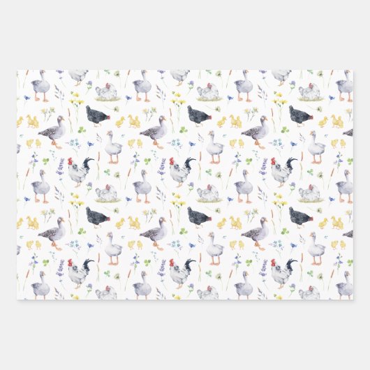 Feuille De Papier Cadeau Charme Rustique Agricole Poulets Floral (Devant)