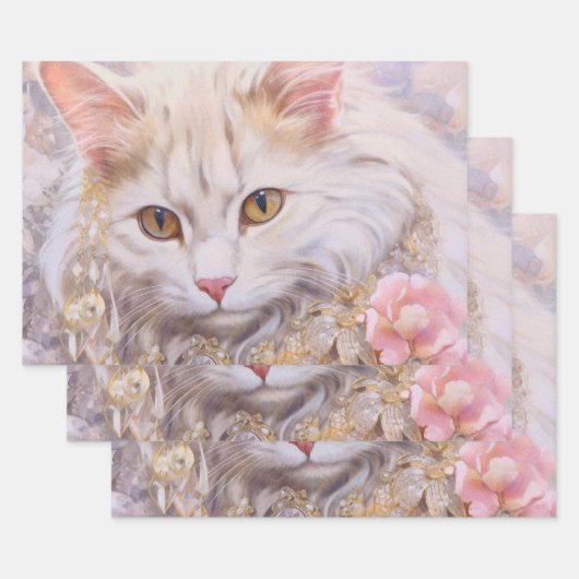 Feuille De Papier Cadeau Chat blanc élégant en or et diamants (Lot)