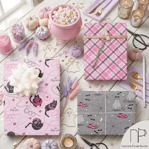 Feuille De Papier Cadeau Chat Boo Enfants Halloween Rose
