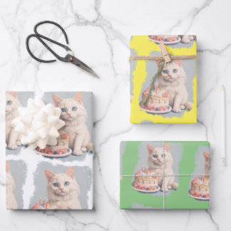 Feuille De Papier Cadeau Chat d'anniversaire mignon