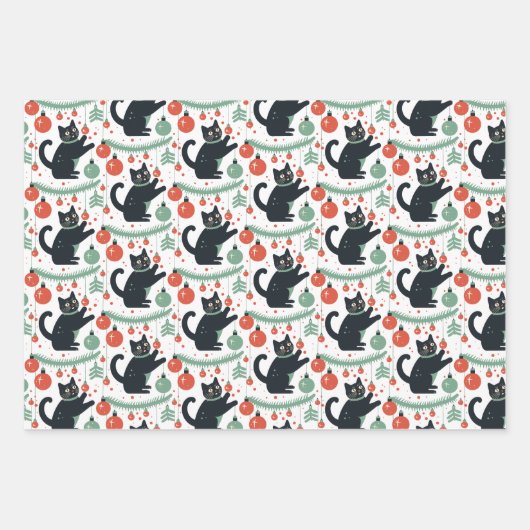 Feuille De Papier Cadeau Chat de Noël coquin avec ornements (Devant)