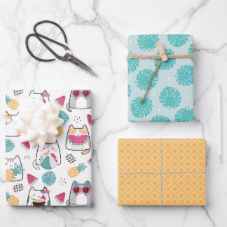 Feuille De Papier Cadeau Chat d'été Fruits tropicaux