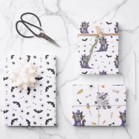 Feuille De Papier Cadeau Chat drôle d'Halloween (Recto)