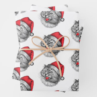 Feuille De Papier Cadeau Chat drôle et en colère avec chapeau de Noël de Pè