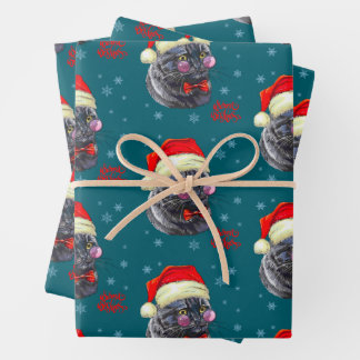 Feuille De Papier Cadeau Chat drôle et sophistiqué avec chapeau de Père Noë