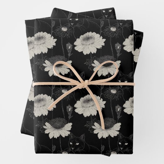 Feuille De Papier Cadeau Chat Noir Borné De Fleurs Blanches (En situation)