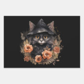 Feuille De Papier Cadeau Chat noir dans l'Halloween Casquette d'une sorcièr (Devant)