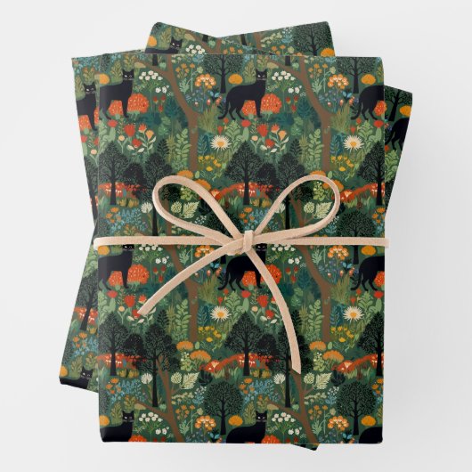 Feuille De Papier Cadeau Chat noir en forêt sans couture motif (En situation)