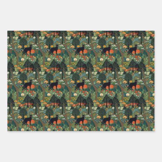 Feuille De Papier Cadeau Chat noir en forêt sans couture motif (Devant)