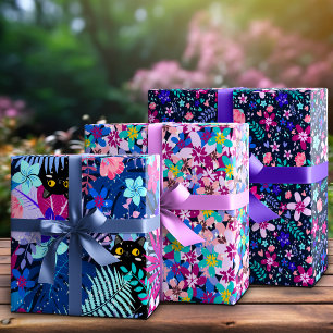 Feuille De Papier Cadeau Chat Noir Fantaisiste Caché Dans Les Fleurs De Min