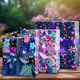 Feuille De Papier Cadeau Chat Noir Fantaisiste Caché Dans Les Fleurs De Min