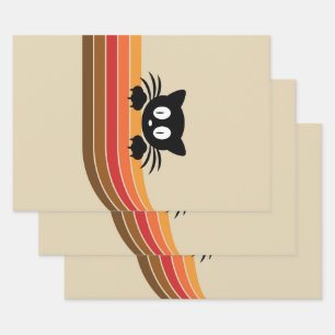Feuille De Papier Cadeau Chat noir mignon avec rayures rétro