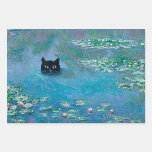 Feuille De Papier Cadeau Chat noir nage dans les nymphes d'eau Découpage Ar (Devant)