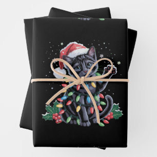 Feuille De Papier Cadeau Chat noir Noël Chapeau de Noël Meowy Noël