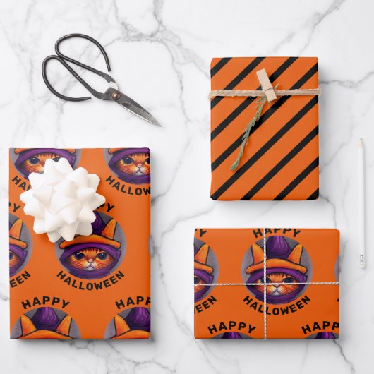 Feuille De Papier Cadeau Chat orange avec sorcière violette Casquette Bonne (Recto)