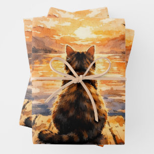 Feuille De Papier Cadeau Chat sur le quai au coucher du soleil