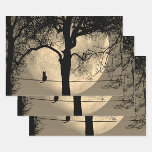 Feuille De Papier Cadeau Chat sur une Pleine lune de fil