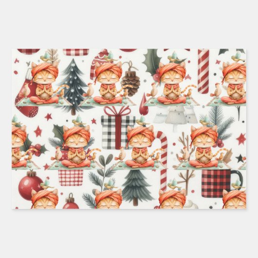 Feuille De Papier Cadeau Chat Yoga avec thème de Noël (Devant 3)