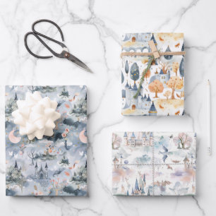Feuille De Papier Cadeau Châteaux de Contes de Fées Bleu Rose