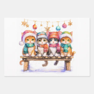 Feuille De Papier Cadeau Chatons célébrant Noël, câlins et mignons,