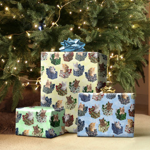 Feuille De Papier Cadeau Chatons de Noël mignons en boîtes cadeaux
