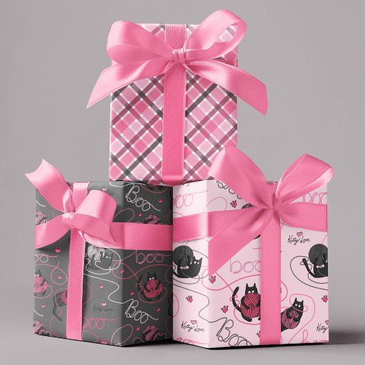 Feuille De Papier Cadeau Chatons Éffrayants rose et gris "Kitty Love"