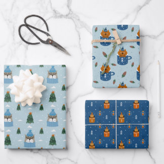 Feuille De Papier Cadeau Chats de Noël mignons en Knits d'hiver bleu