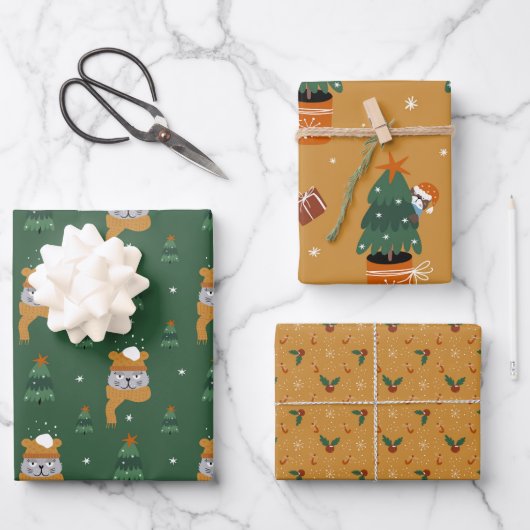 Feuille De Papier Cadeau Chats de Noël mignons en Knits d'hiver Vert & Tan (Recto)