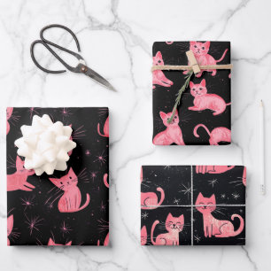 Feuille De Papier Cadeau Chats de Noël roses en noir
